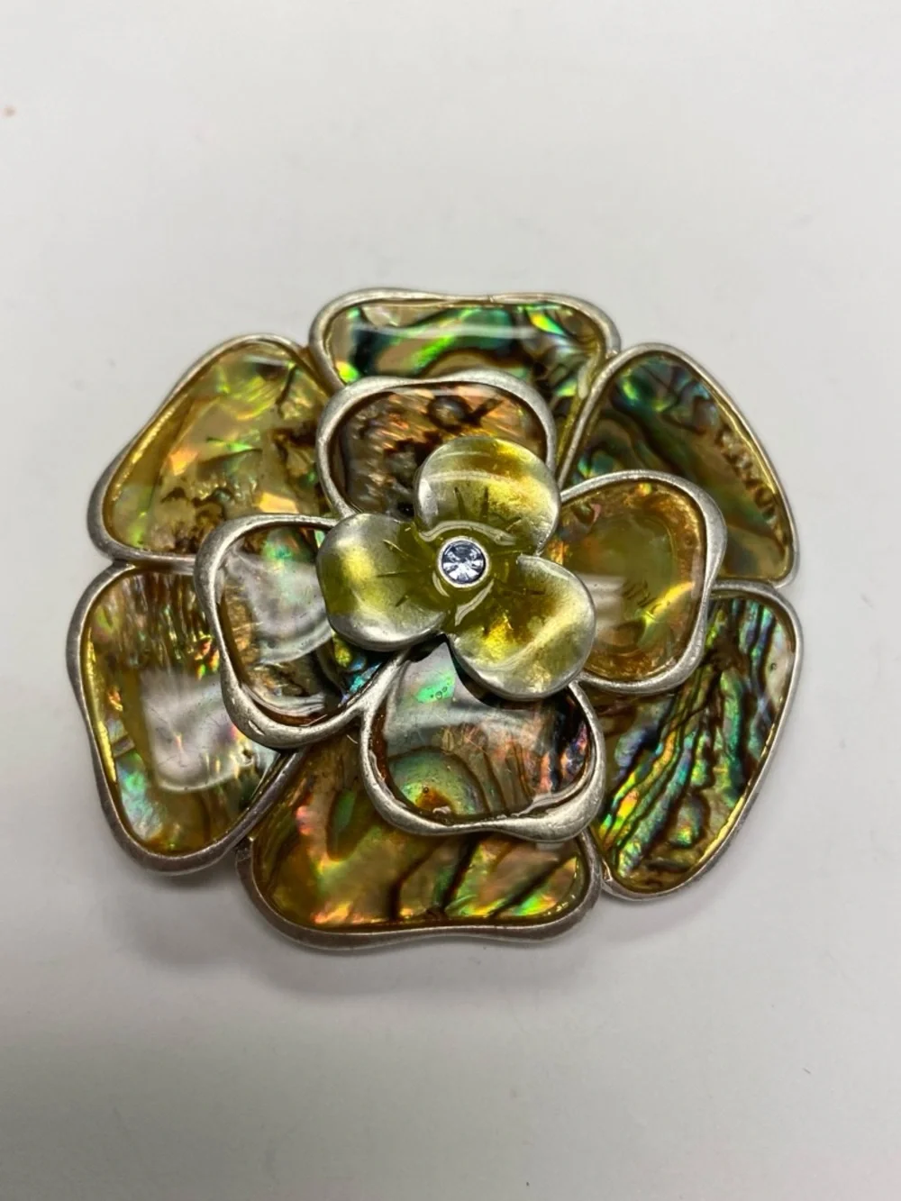 Abalone Shell Flower Brooch with Rhinestone Center